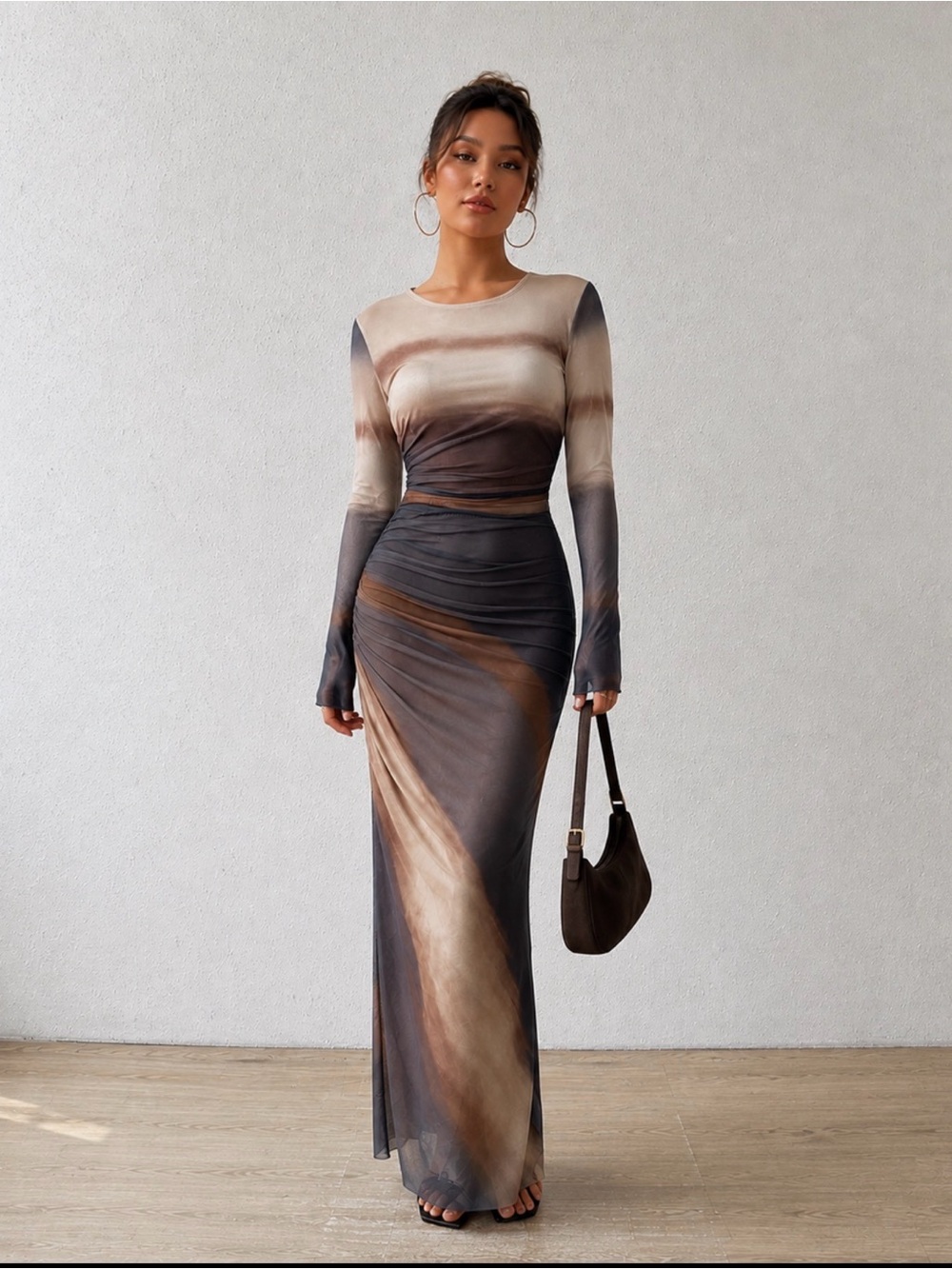 Commense Long Sleeve Ruched Mesh Ombre Maxi Dress